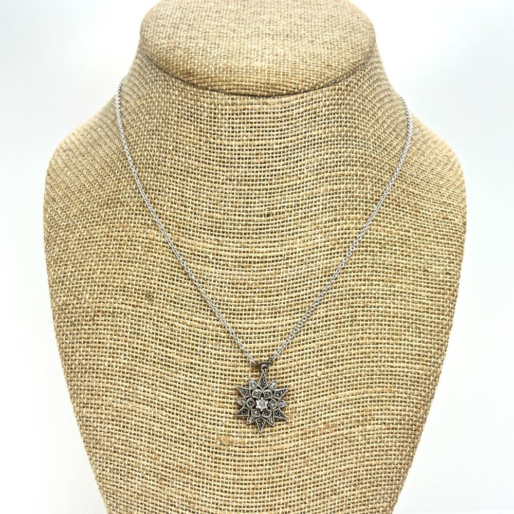 JUDITH JACK 925 MARCASITE STARBURST NECKLACE STERLING SILVER CZ SUN PENDANT